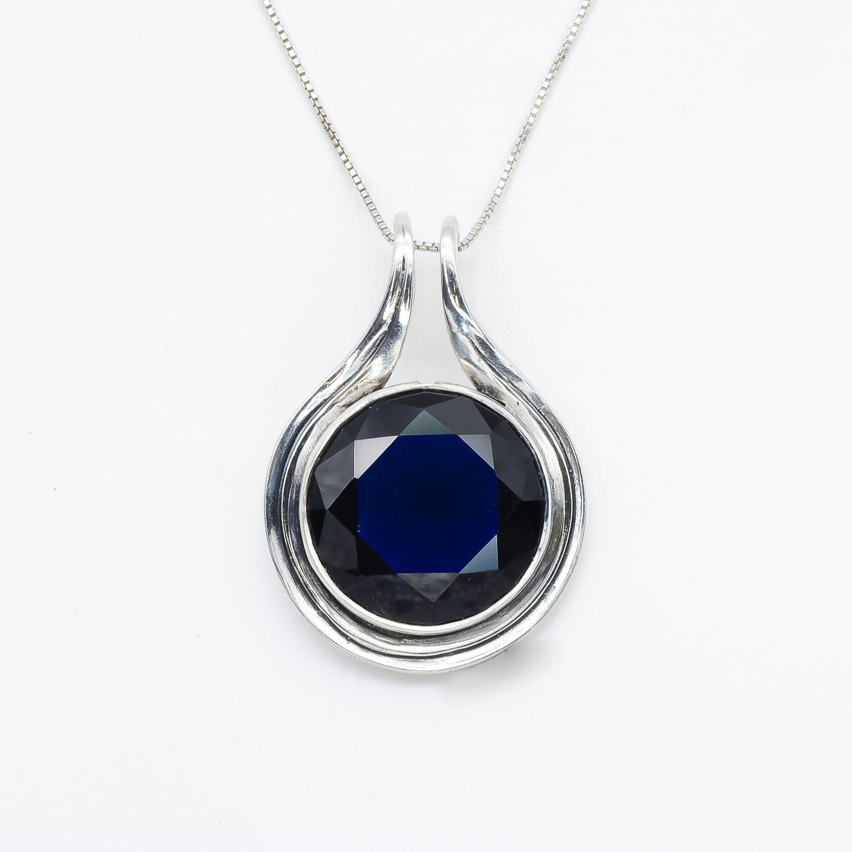 Large Sapphire Pendant, Sapphire Pendant, Vintage Pendant, Created Sapphire, Blue Sapphire, Unique Pendant, Solid Silver Pendant, Sapphire