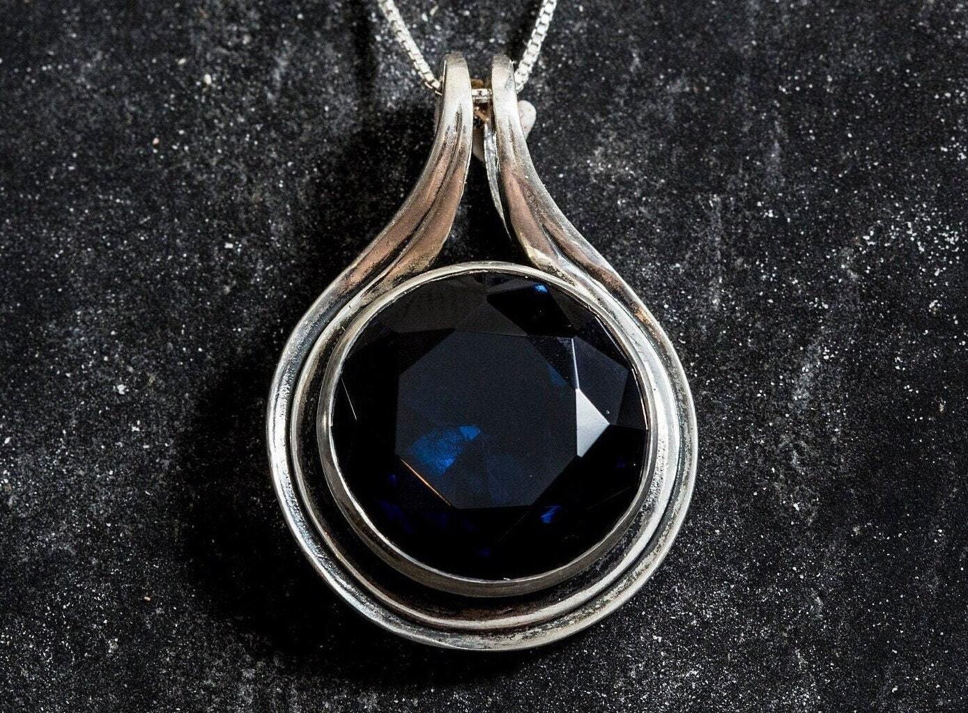 Large Sapphire Pendant, Sapphire Pendant, Vintage Pendant, Created Sapphire, Blue Sapphire, Unique Pendant, Solid Silver Pendant, Sapphire