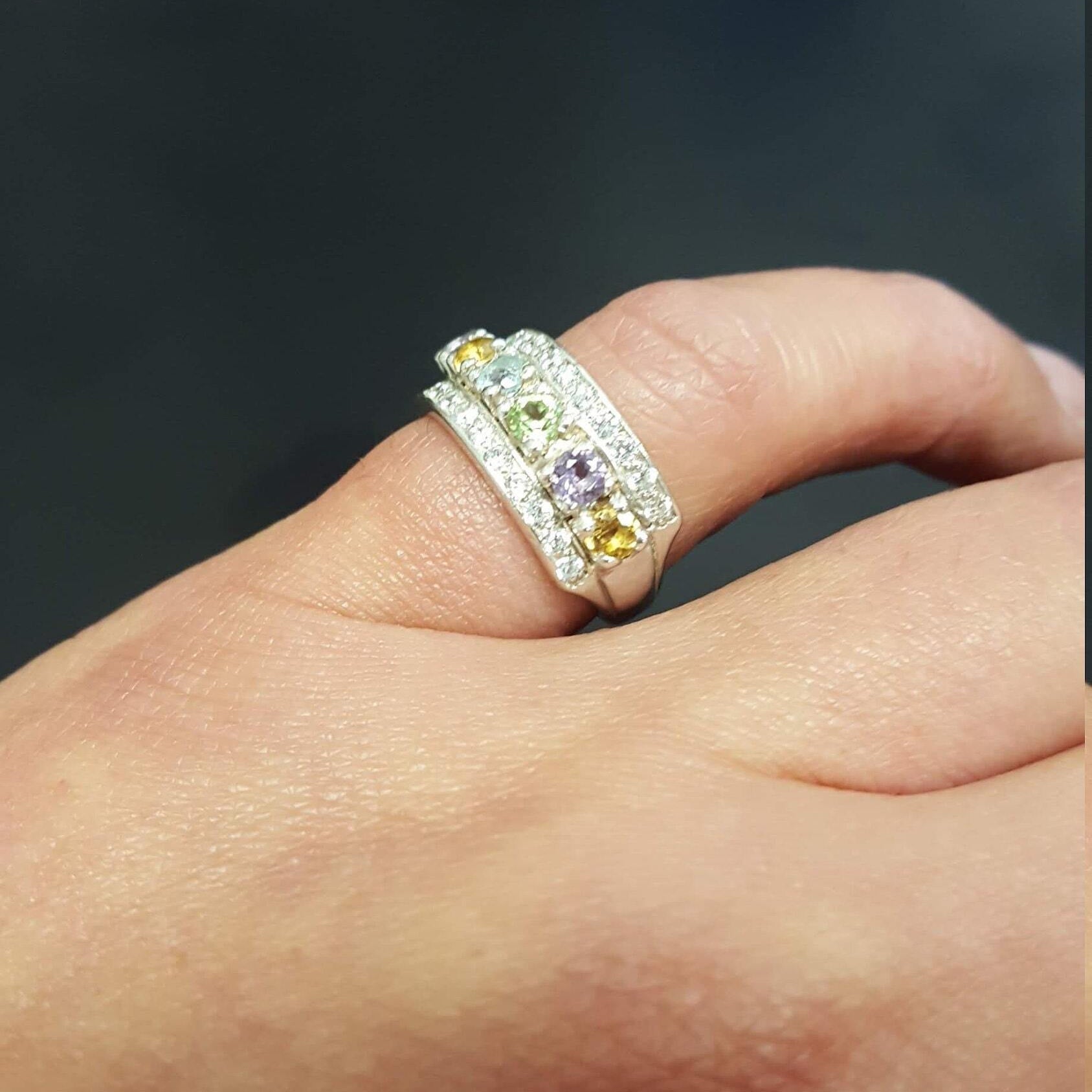 Triple Ring, Citrine Ring, Mystic Topaz Ring, Natural Citrine, Natural Topaz, CZ Diamonds, Triple Band, November Birthstone, Solid Silver