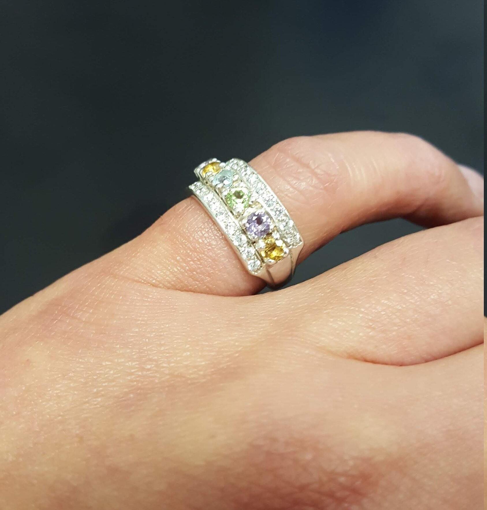 Triple Ring, Citrine Ring, Mystic Topaz Ring, Natural Citrine, Natural Topaz, CZ Diamonds, Triple Band, November Birthstone, Solid Silver