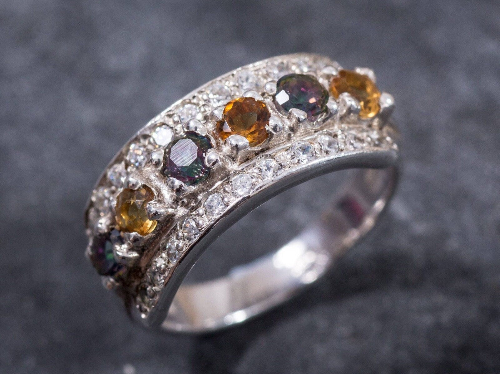 Triple Ring, Citrine Ring, Mystic Topaz Ring, Natural Citrine, Natural Topaz, CZ Diamonds, Triple Band, November Birthstone, Solid Silver