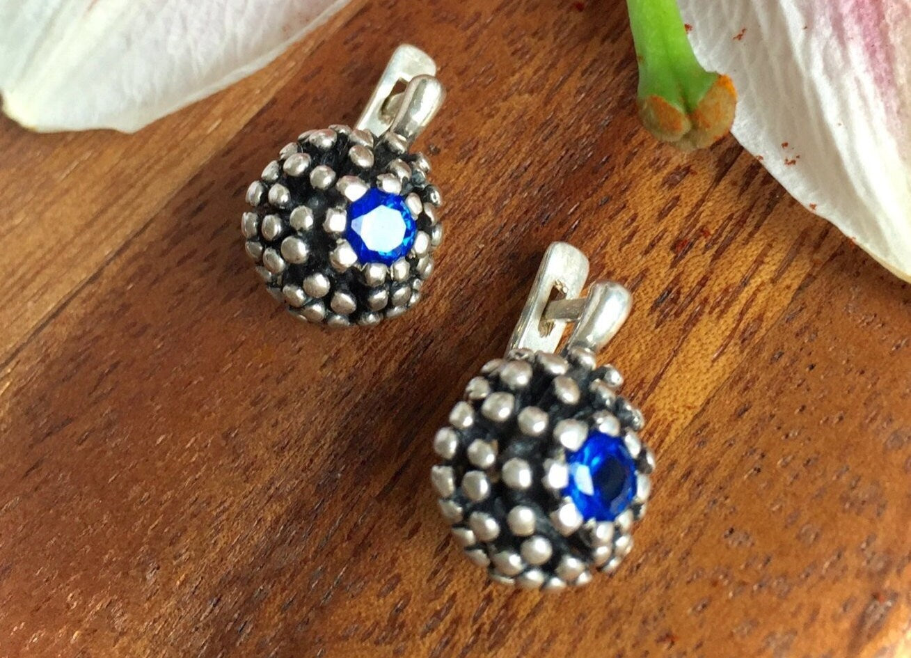 Sapphire Earrings, Created Sapphire, Vintage Studs, Antique Earrings, Unique Earrings, Vintage Earrings, Solid Silver Earrings, Sapphire