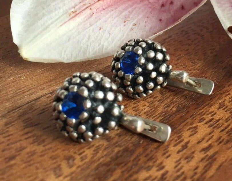 Sapphire Earrings, Created Sapphire, Vintage Studs, Antique Earrings, Unique Earrings, Vintage Earrings, Solid Silver Earrings, Sapphire