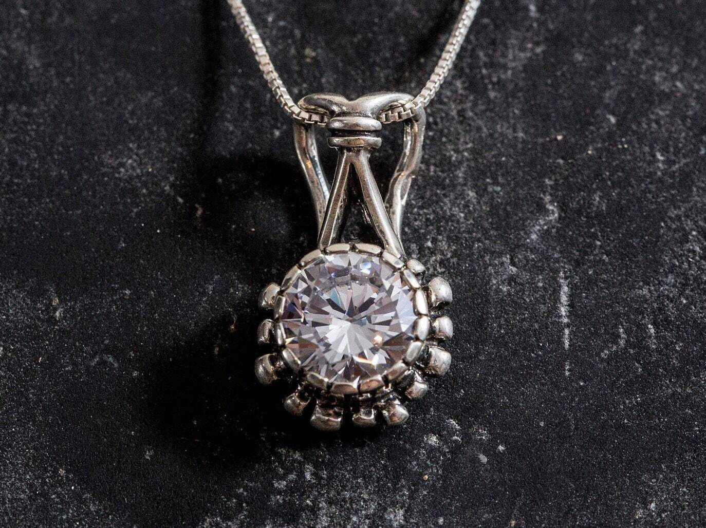 Diamond Pendant, Round Diamond Necklace, Vintage Pendant, CZ Diamond Pendant, Bridal Pendant, Solid Silver Pendant, Created Diamond Pendant