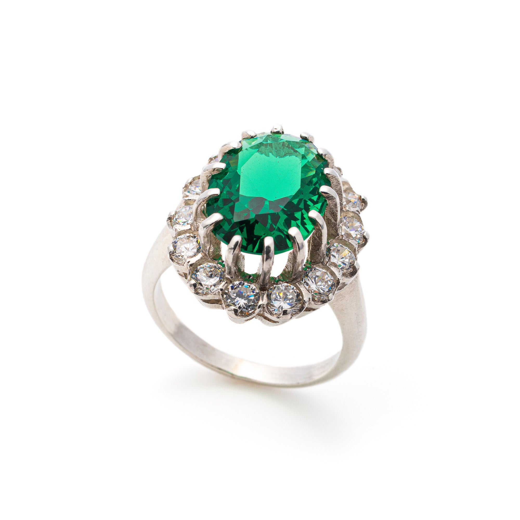Created Emerald Ring made in 925 Sterling Silver with Oval Created Green Emerald in Halo setting, May Birthstone gift idea, symbolizes, ideal for everyday wear and perfect for birthday gifting and special occasions.