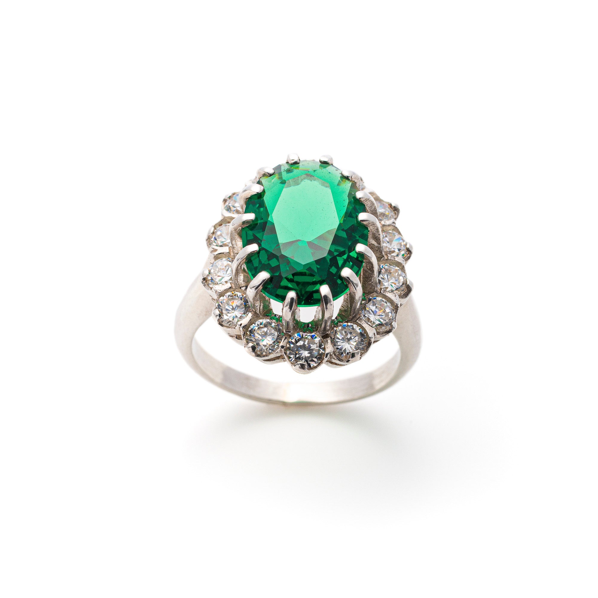 Elegant 925 Sterling Silver ring featuring an oval Created Green Emerald, perfect for May birthdays and special occasions.