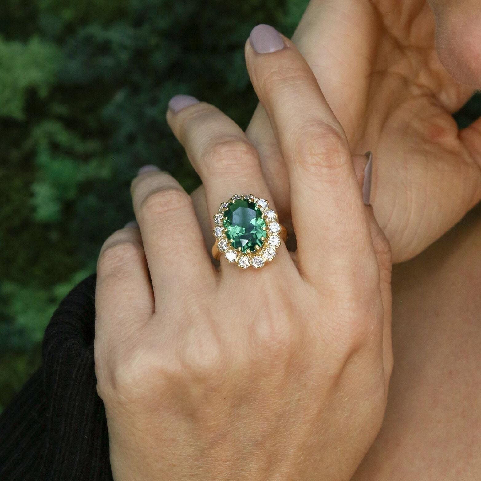18k Gold Vermeil Emerald Ring featuring Oval Created Green Emerald, perfect for May birthdays and special occasions.