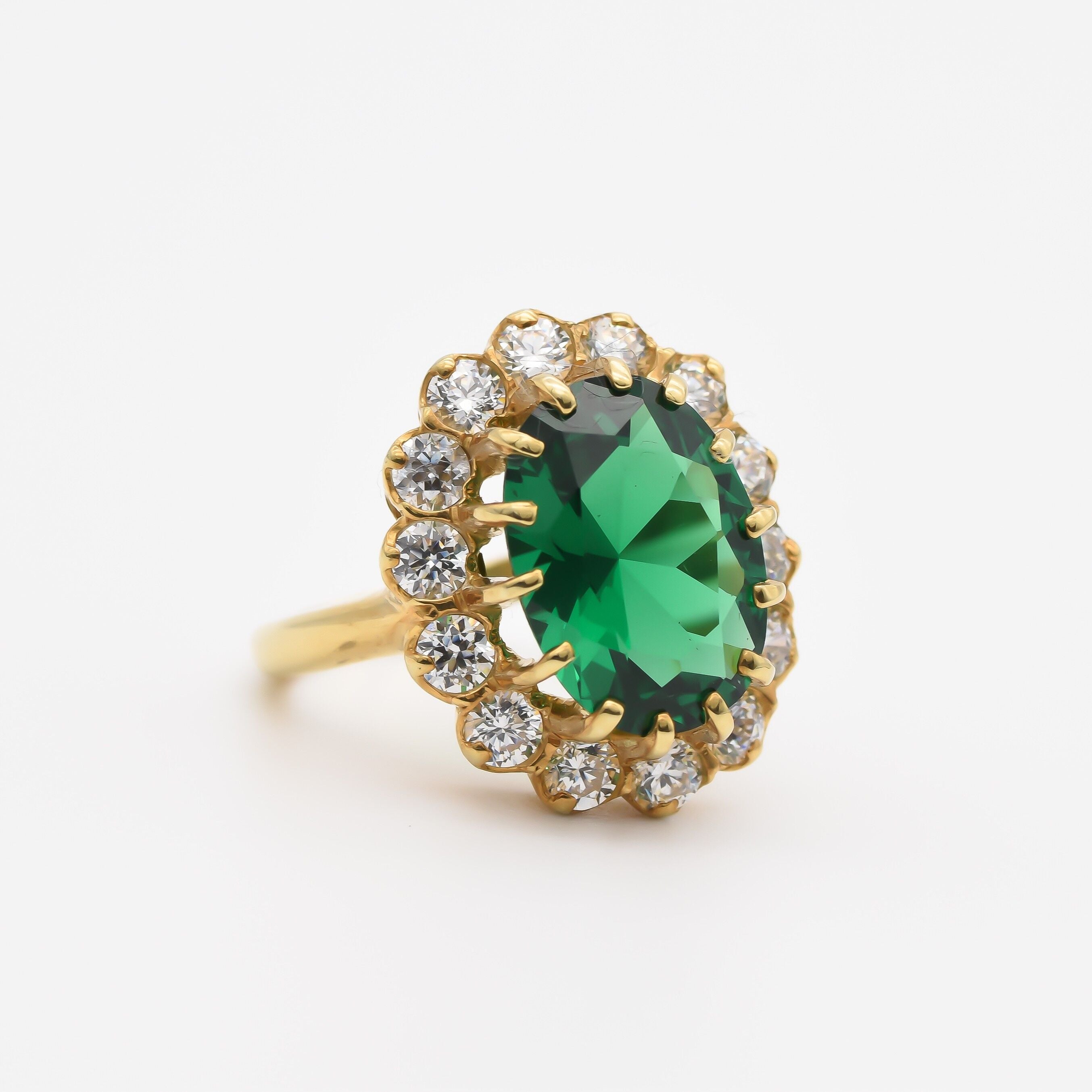 Created Emerald Ring made in 18k Gold Vermeil with Oval Created Green Emerald in Halo setting, May Birthstone gift idea, symbolizes, ideal for everyday wear and perfect for birthday gifting and special occasions.
