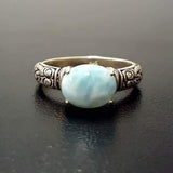 Genuine Larimar Ring - Blue Solitaire Ring - Boho Tribal Ring