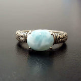 Genuine Larimar Ring - Blue Solitaire Ring - Boho Tribal Ring