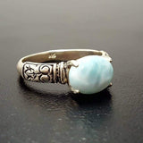 Genuine Larimar Ring - Blue Solitaire Ring - Boho Tribal Ring