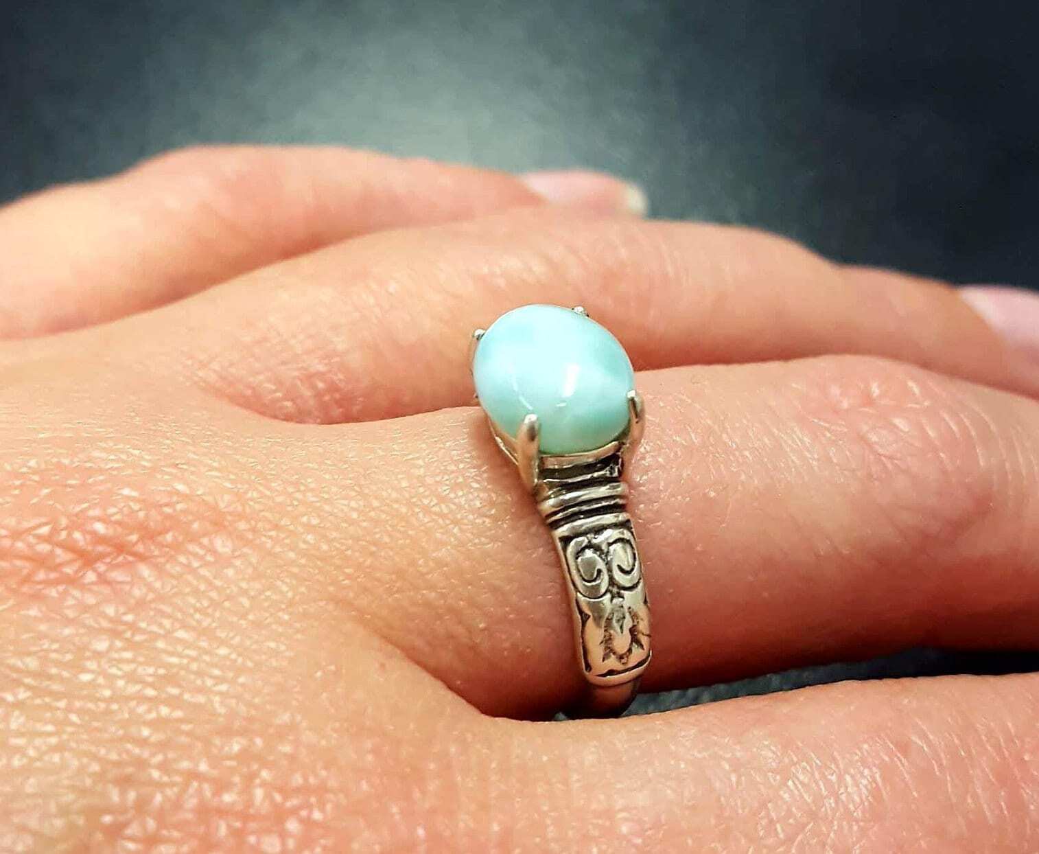 Larimar Ring, Natural Larimar, March Birthstone, Tribal Ring, March Ring, Blue Vintage Ring, Jewel of Atlantis, Solid Silver Ring, Larimar