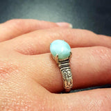 Genuine Larimar Ring - Blue Solitaire Ring - Boho Tribal Ring