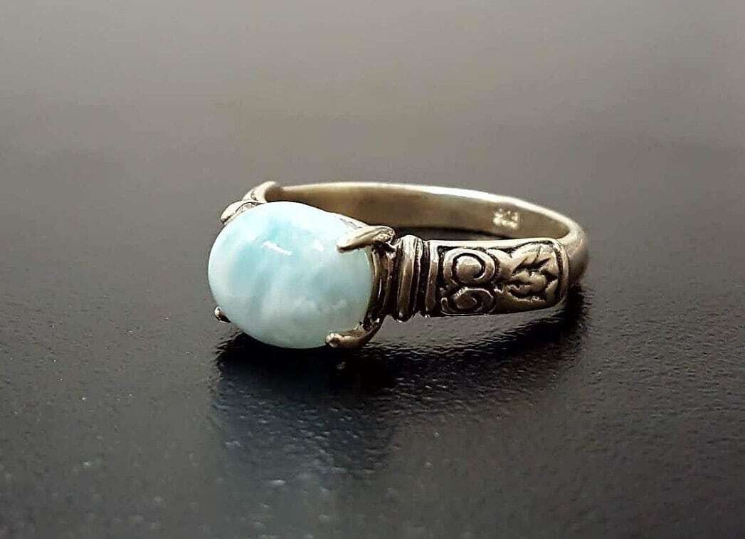Larimar Ring, Natural Larimar, March Birthstone, Tribal Ring, March Ring, Blue Vintage Ring, Jewel of Atlantis, Solid Silver Ring, Larimar