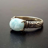 Genuine Larimar Ring - Blue Solitaire Ring - Boho Tribal Ring