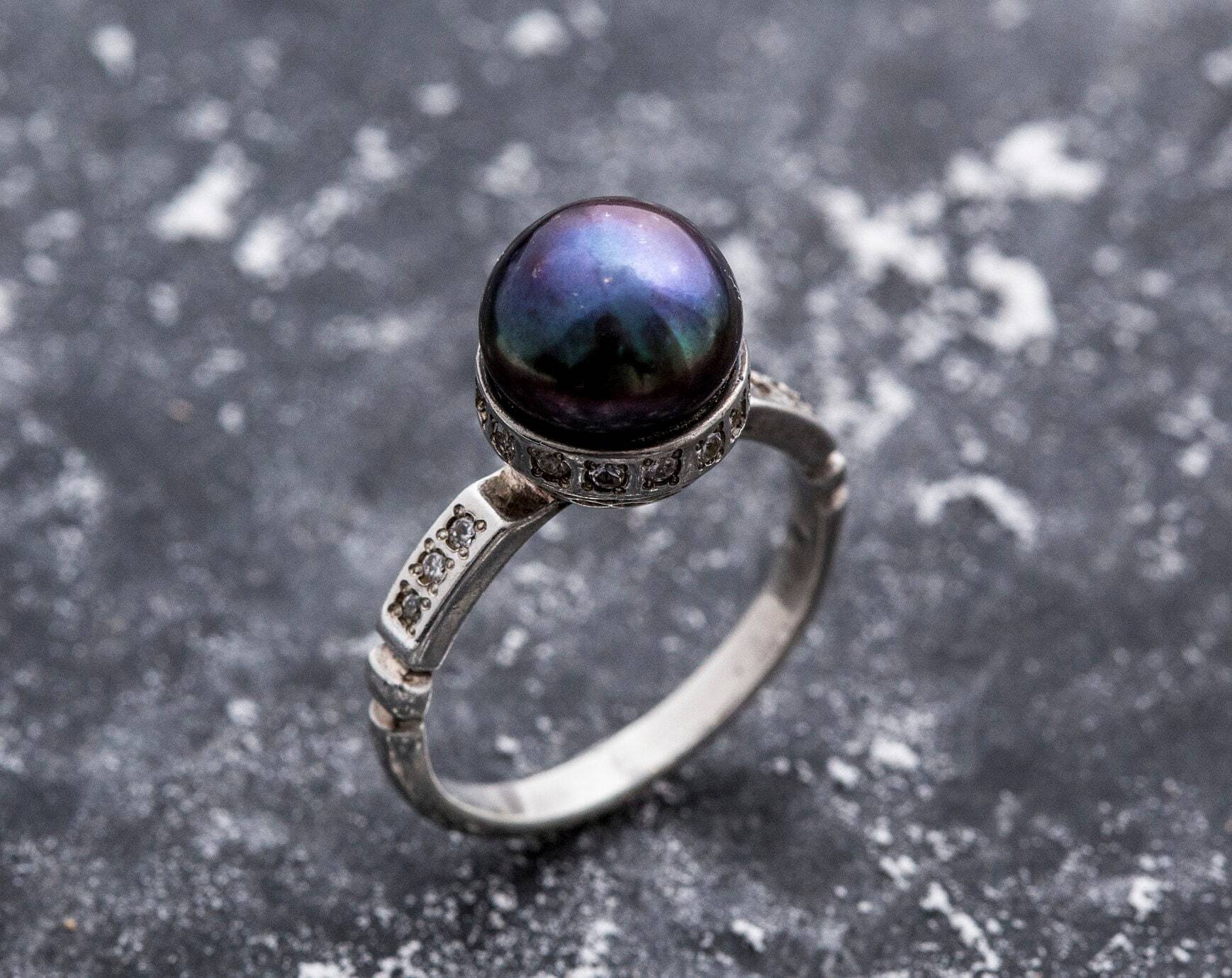 Real Pearl Ring, Black Pearl Ring, Natural Pearl, June Birthstone, Black Pearl, Real Pearl, Vintage Rings, 925 Silver Ring, Grey Pearl