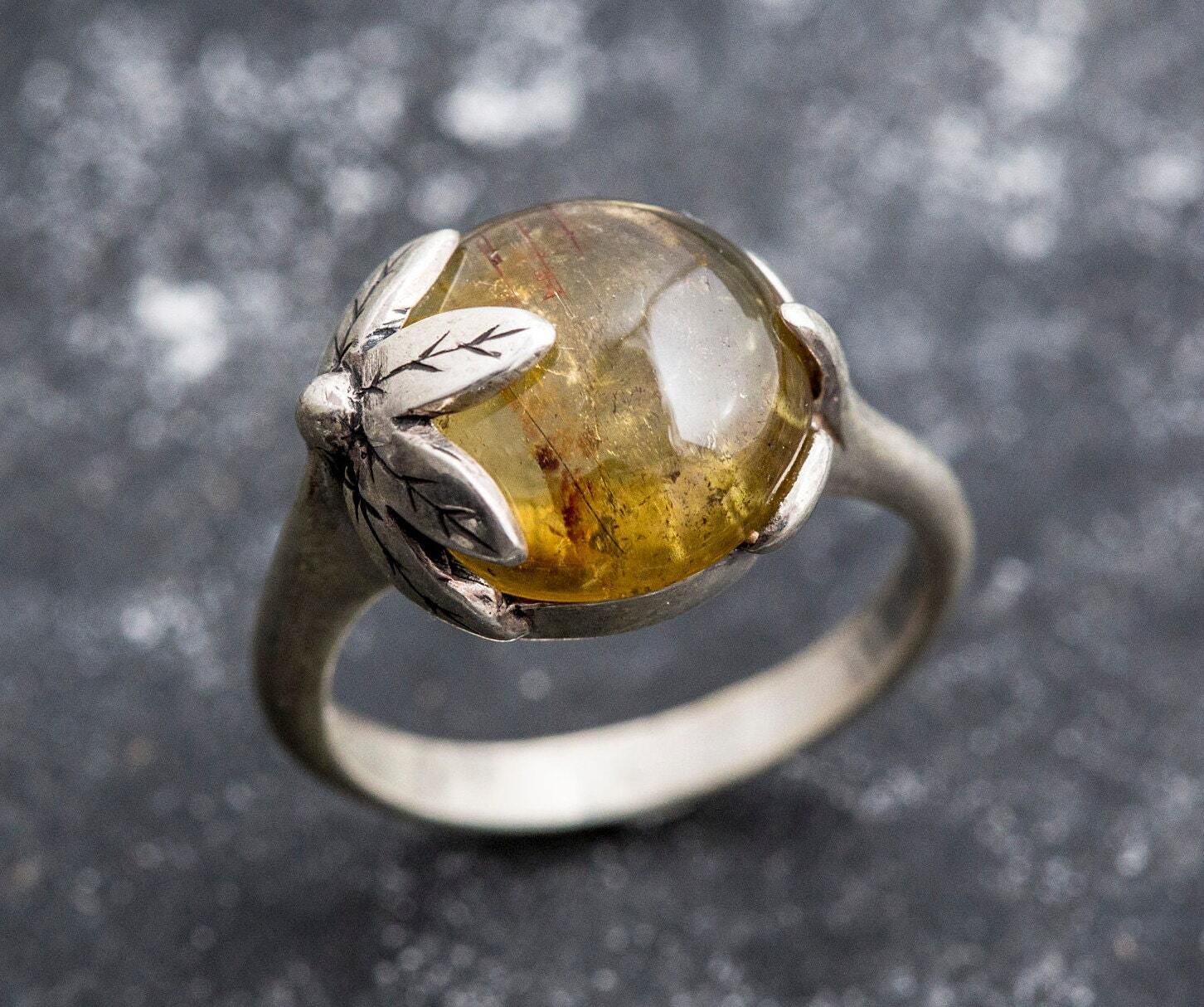 Leaf Ring, Tourmaline Ring, Yellow Tourmaline, Vintage Rings, Natural Tourmaline, October Birthstone, Yellow Ring, Silver Ring, Tourmaline