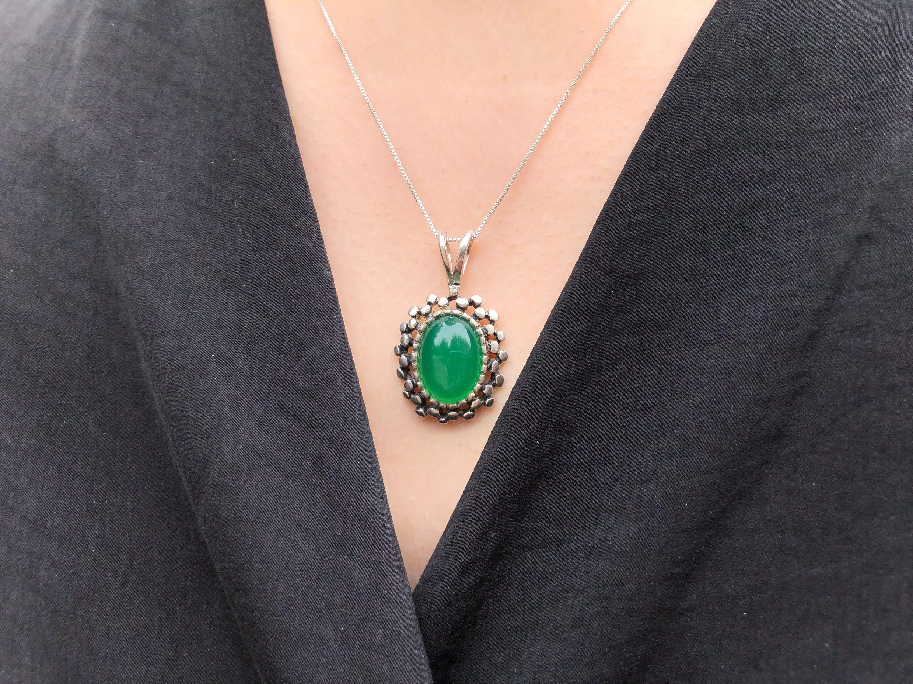 Emerald Pendant, Created Emerald, Vintage Pendant, Green Pendant, Green Oval Pendant, Artisan Pendant, Antique Pendant, Solid Silver Pendant