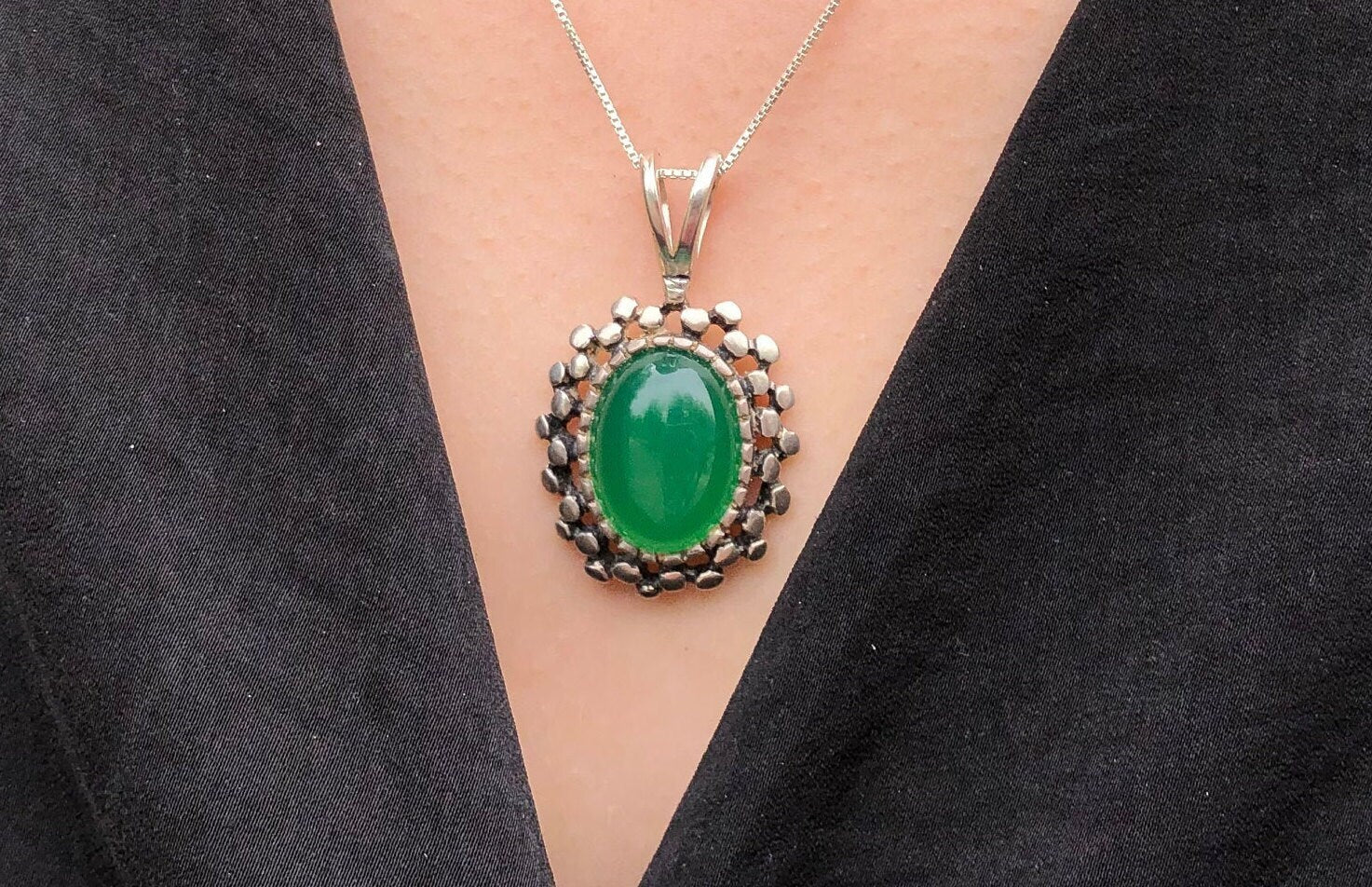 Emerald Pendant, Created Emerald, Vintage Pendant, Green Pendant, Green Oval Pendant, Artisan Pendant, Antique Pendant, Solid Silver Pendant