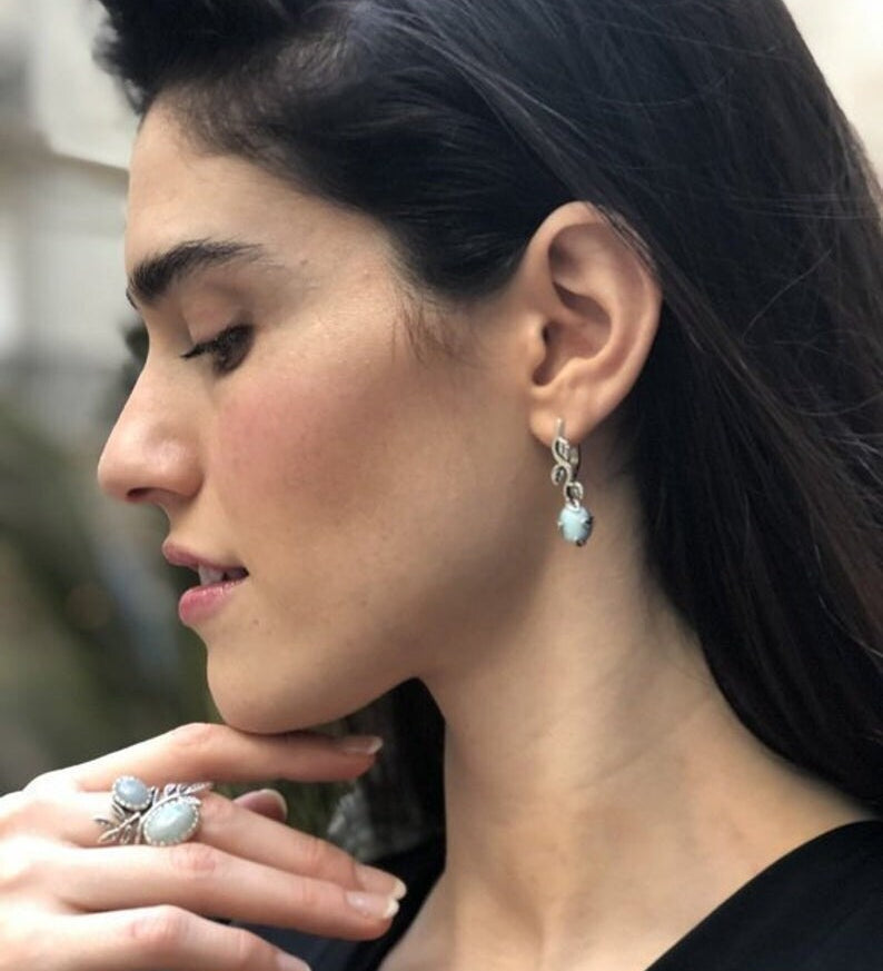 Kyanite Earrings, Blue Earrings, Leaf Earrings, Vintage Earrings, Long Floral Earrings, Blue Boho Earrings, Solid Silver Earrings,Birthstone