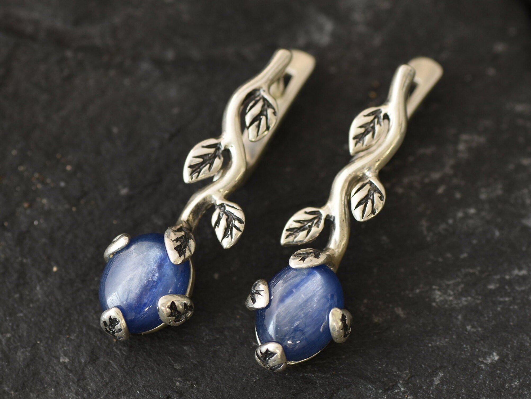 Kyanite Earrings, Blue Earrings, Leaf Earrings, Vintage Earrings, Long Floral Earrings, Blue Boho Earrings, Solid Silver Earrings,Birthstone