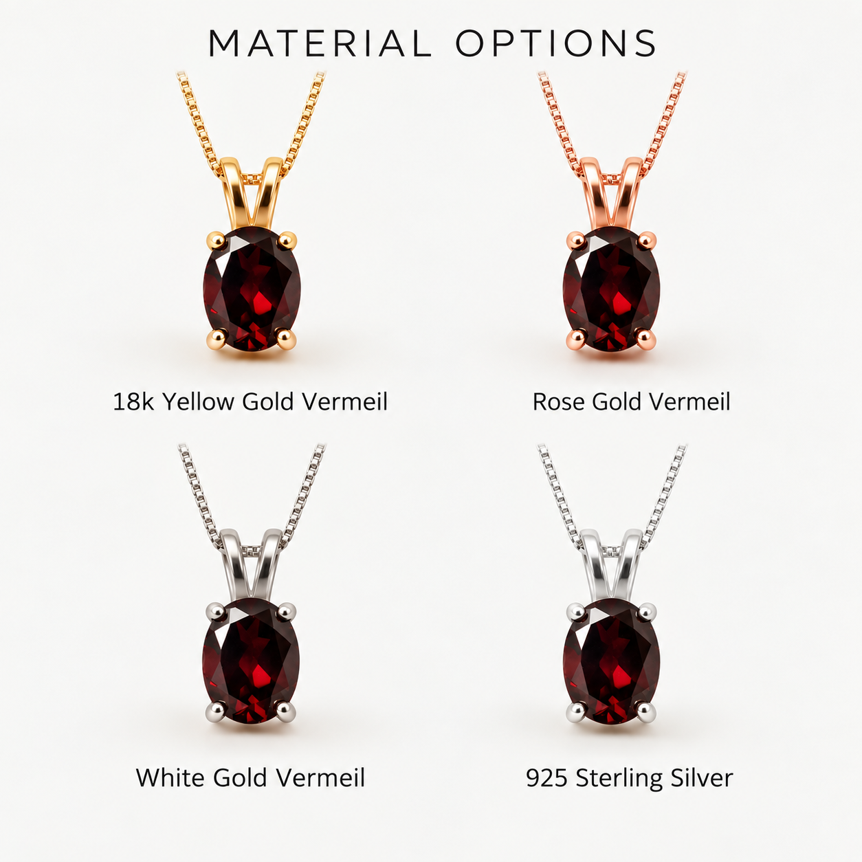 Adina Stone material options for 925 Sterling Silver, 18K Yellow Gold Vermeil, 18K White Gold Vermeil, 18K Rose Gold Vermeil.
