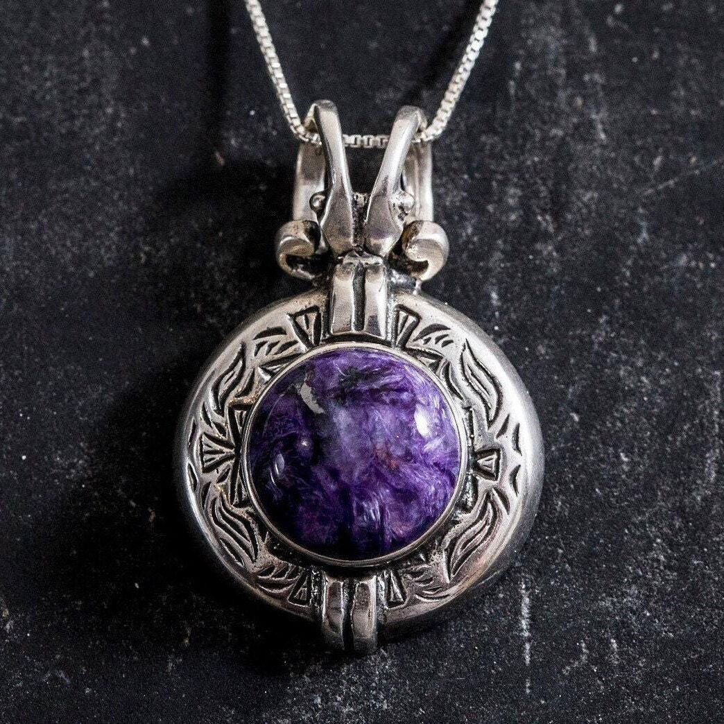 Charoite Pendant, Natural Charoite, Purple Pendant, Vintage Pendants, Scorpio Birthstone, Artistic Pendant, Solid Silver Pendant, Charoite