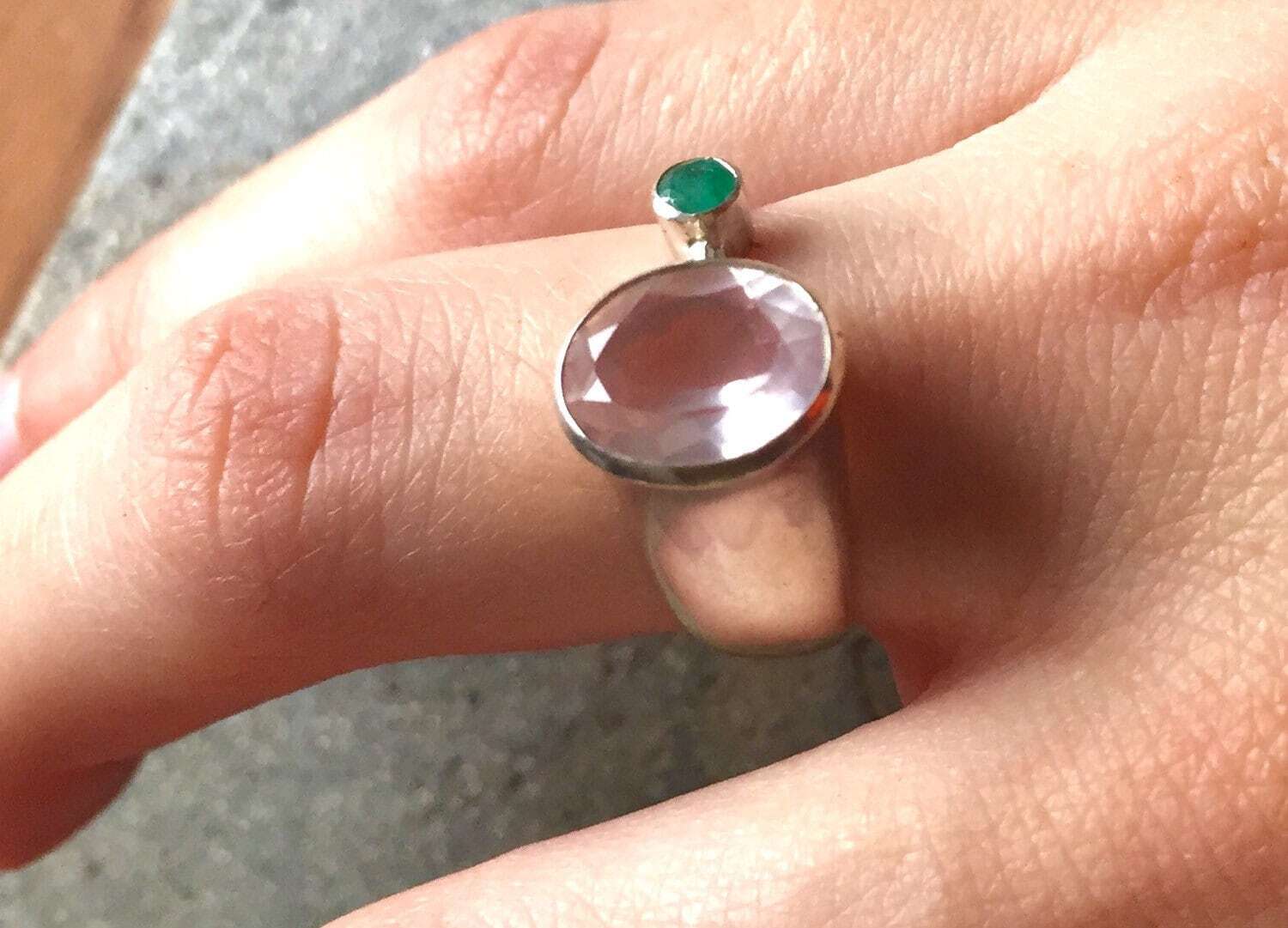 Rose Quartz Ring, Natural Rose Quartz, Diamond Cut, Emerald Ring, Solid Silver Ring, Natural Emerald, Vintage Emerald Ring, Vintage Ring