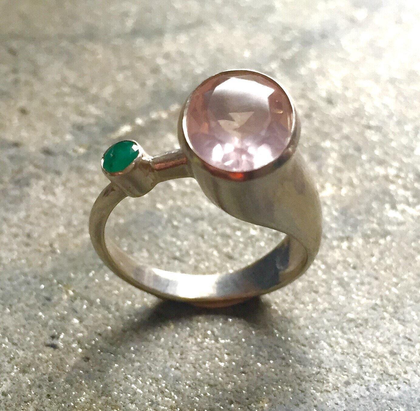 Rose Quartz Ring, Natural Rose Quartz, Diamond Cut, Emerald Ring, Solid Silver Ring, Natural Emerald, Vintage Emerald Ring, Vintage Ring