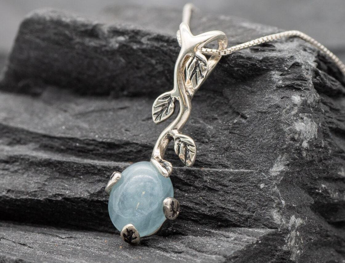 Genuine Aquamarine Necklace - Blue Leaf Pendant - March Birthstone Necklace