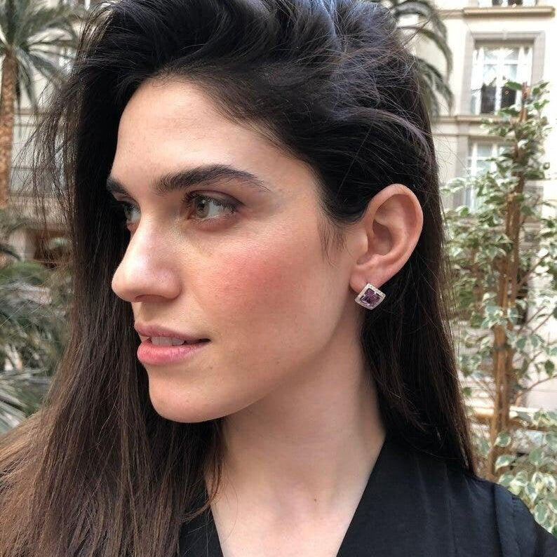 White Topaz Earrings, Natural White Topaz, Square Studs, December Birthstone, Vintage Earrings, Antique Princess Earrings, Silver Earrings