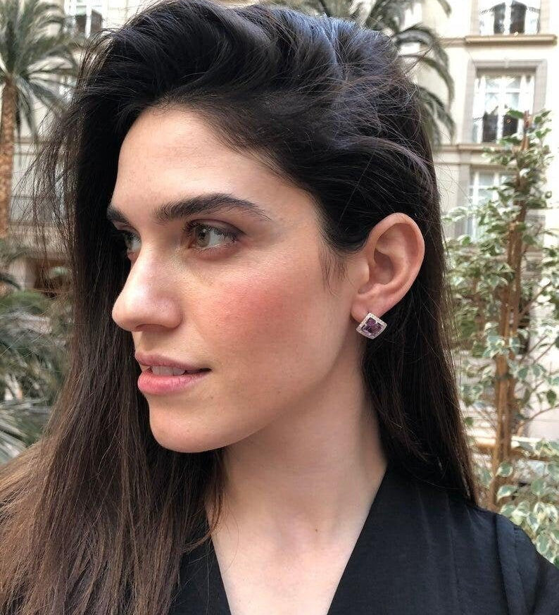 White Topaz Earrings, Natural White Topaz, Square Studs, December Birthstone, Vintage Earrings, Antique Princess Earrings, Silver Earrings