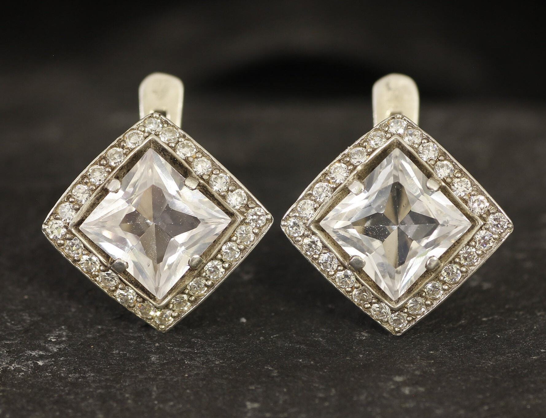 White Topaz Earrings, Natural White Topaz, Square Studs, December Birthstone, Vintage Earrings, Antique Princess Earrings, Silver Earrings