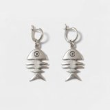 Dangling Fish Earrings - Silver Fishbone Earrings - Large Drop Earrings