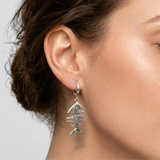 Dangling Fish Earrings - Silver Fishbone Earrings - Large Drop Earrings