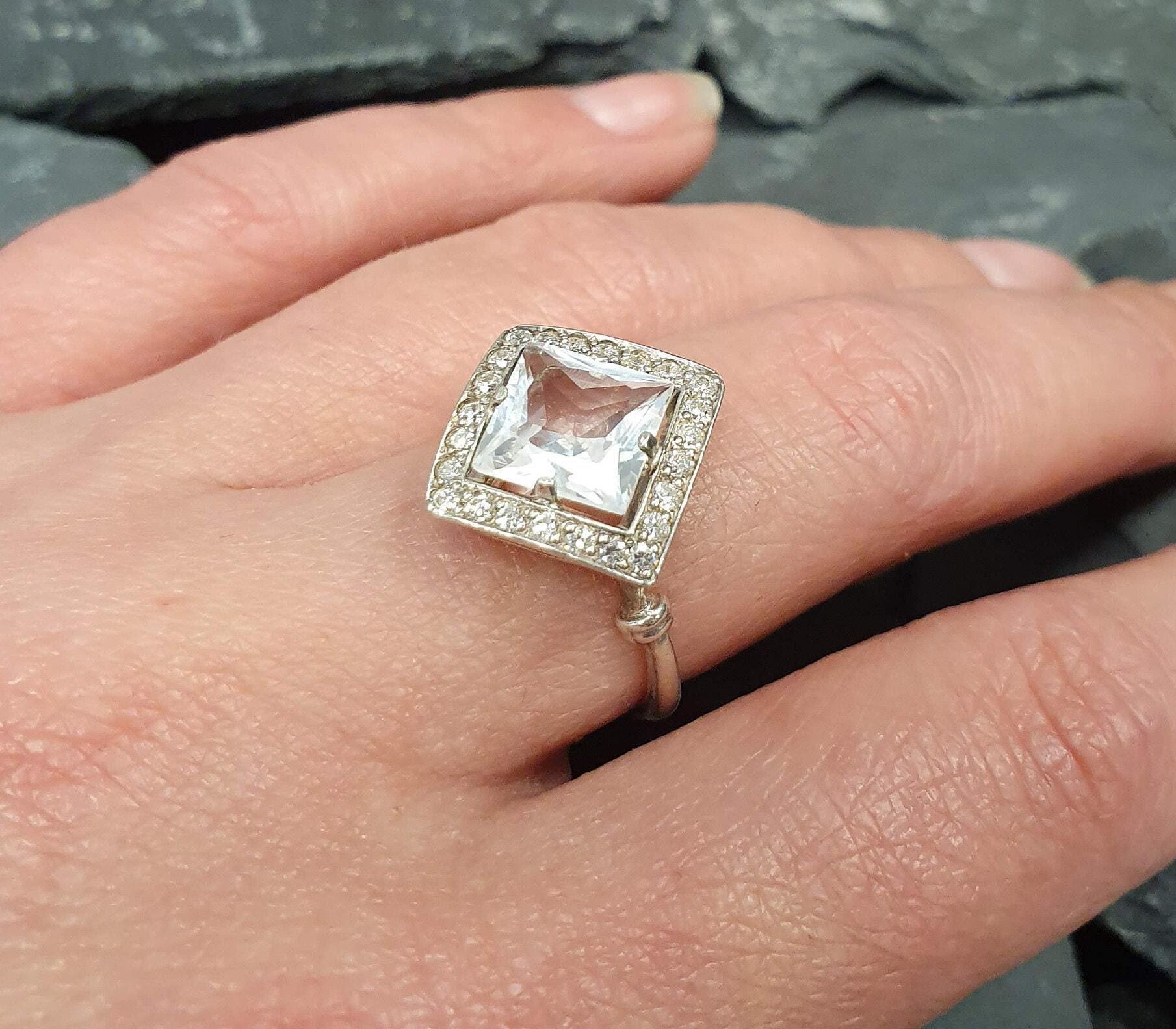 Square Topaz Ring, Natural Topaz Ring, Topaz Ring, Bridal Ring, Vintage Rings, December Birthstone, December Ring, Solid Silver, White Topaz