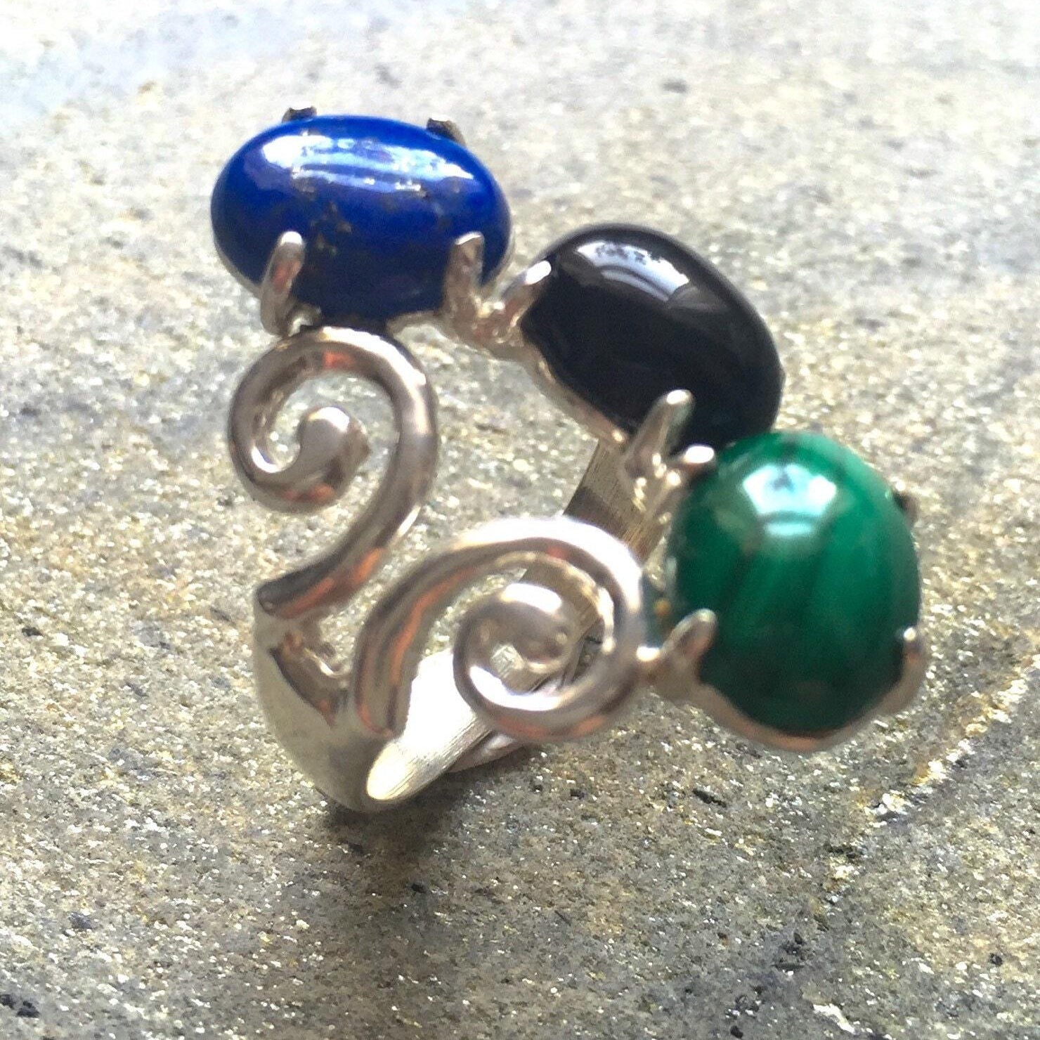 Lapis Ring, Onyx Ring, Malachite Ring, Vintage Ring, Natural Stones, Solid Silver Ring, Antique Ring, Healing Stones, Gemstone Ring