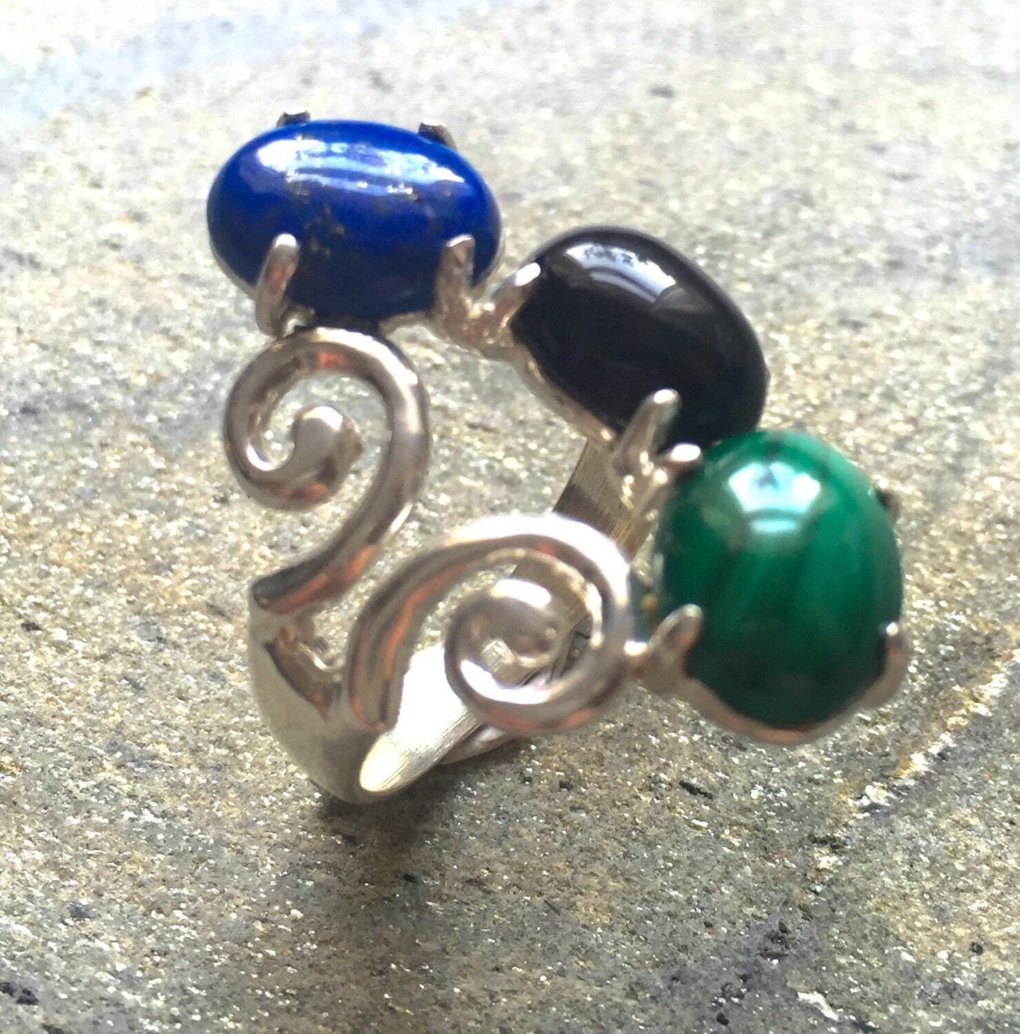 Lapis Ring, Onyx Ring, Malachite Ring, Vintage Ring, Natural Stones, Solid Silver Ring, Antique Ring, Healing Stones, Gemstone Ring