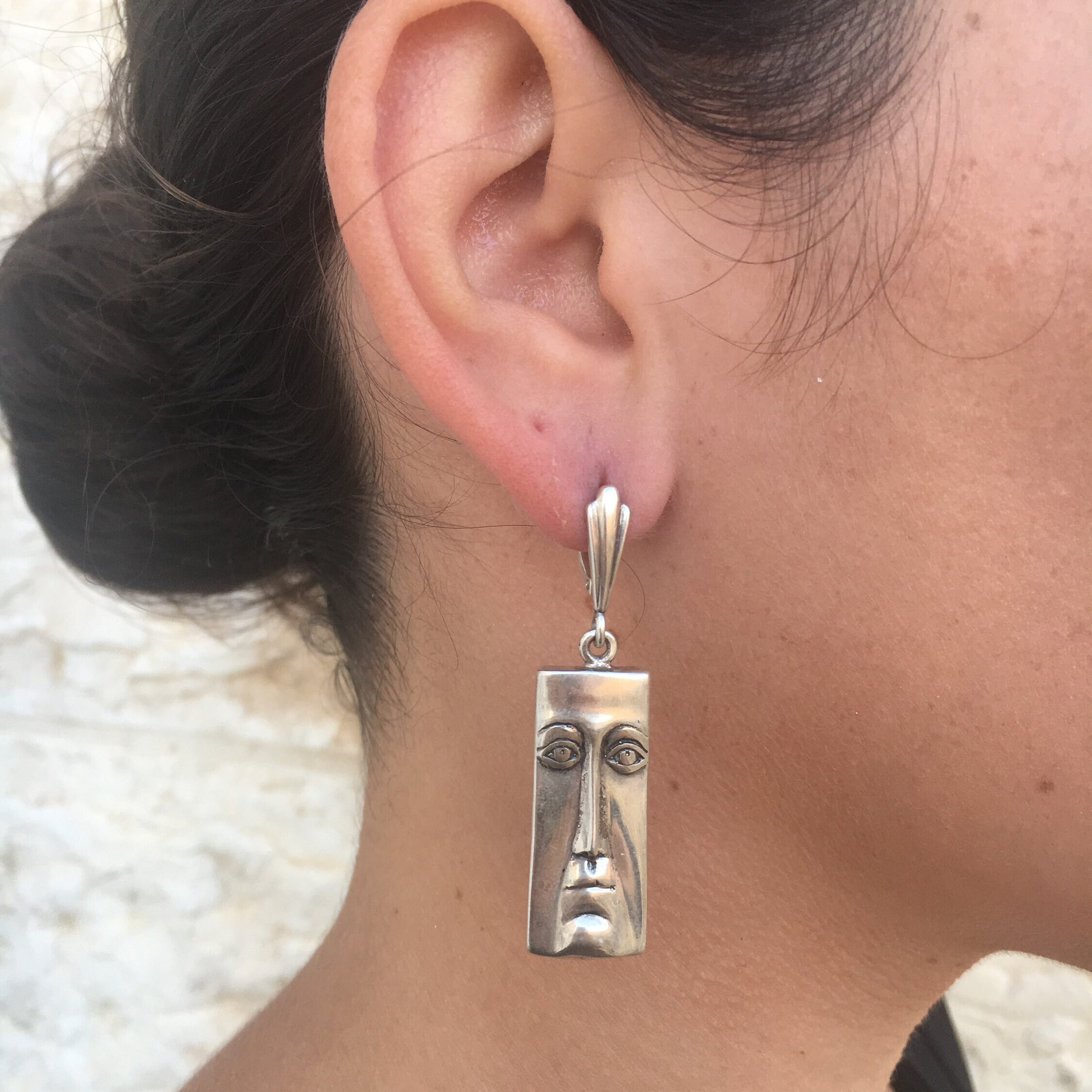 Solid Silver Earrings, Unique Earrings, Artistic Silver Earrings, Face Earrings, Ancient American, Long Silver Earrings, Long Earrings