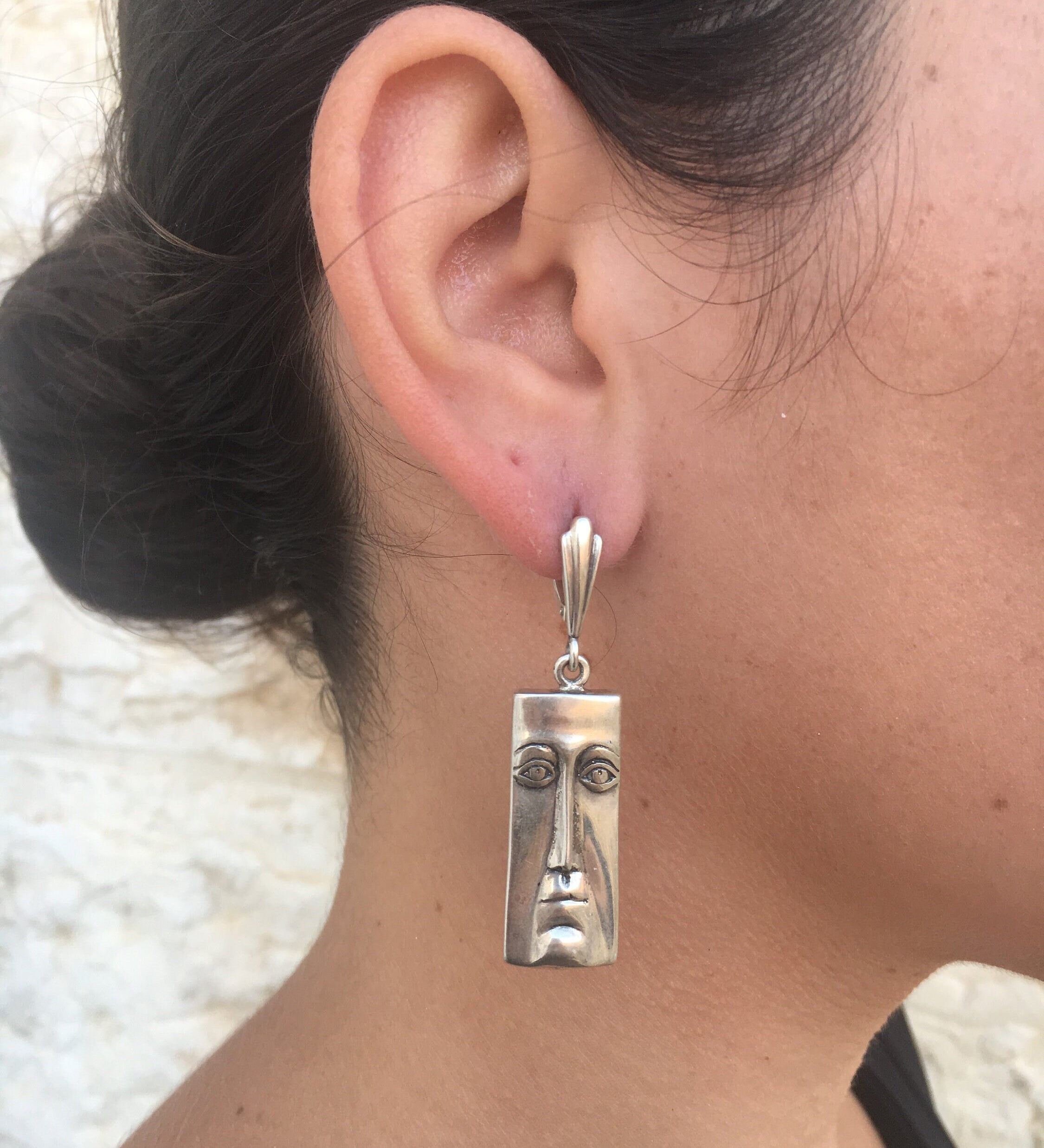 Solid Silver Earrings, Unique Earrings, Artistic Silver Earrings, Face Earrings, Ancient American, Long Silver Earrings, Long Earrings