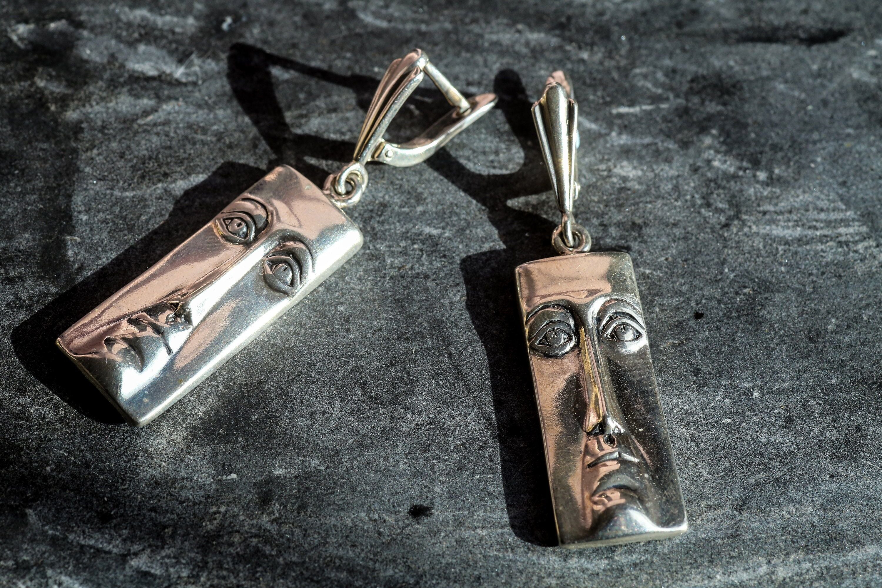 Solid Silver Earrings, Unique Earrings, Artistic Silver Earrings, Face Earrings, Ancient American, Long Silver Earrings, Long Earrings