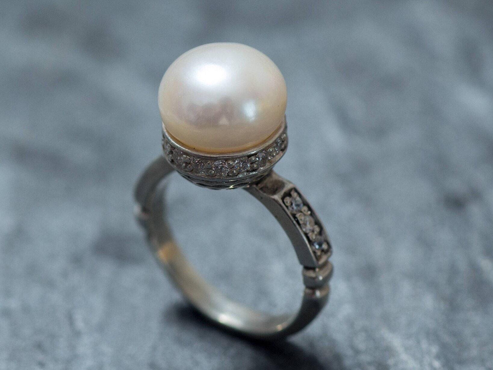 White Pearl Ring, Natural Pearl Ring, June Birthstone, Pearl and Diamond, Vintage Pearl Ring, Vintage Style, June Ring, Solid Silver Ring