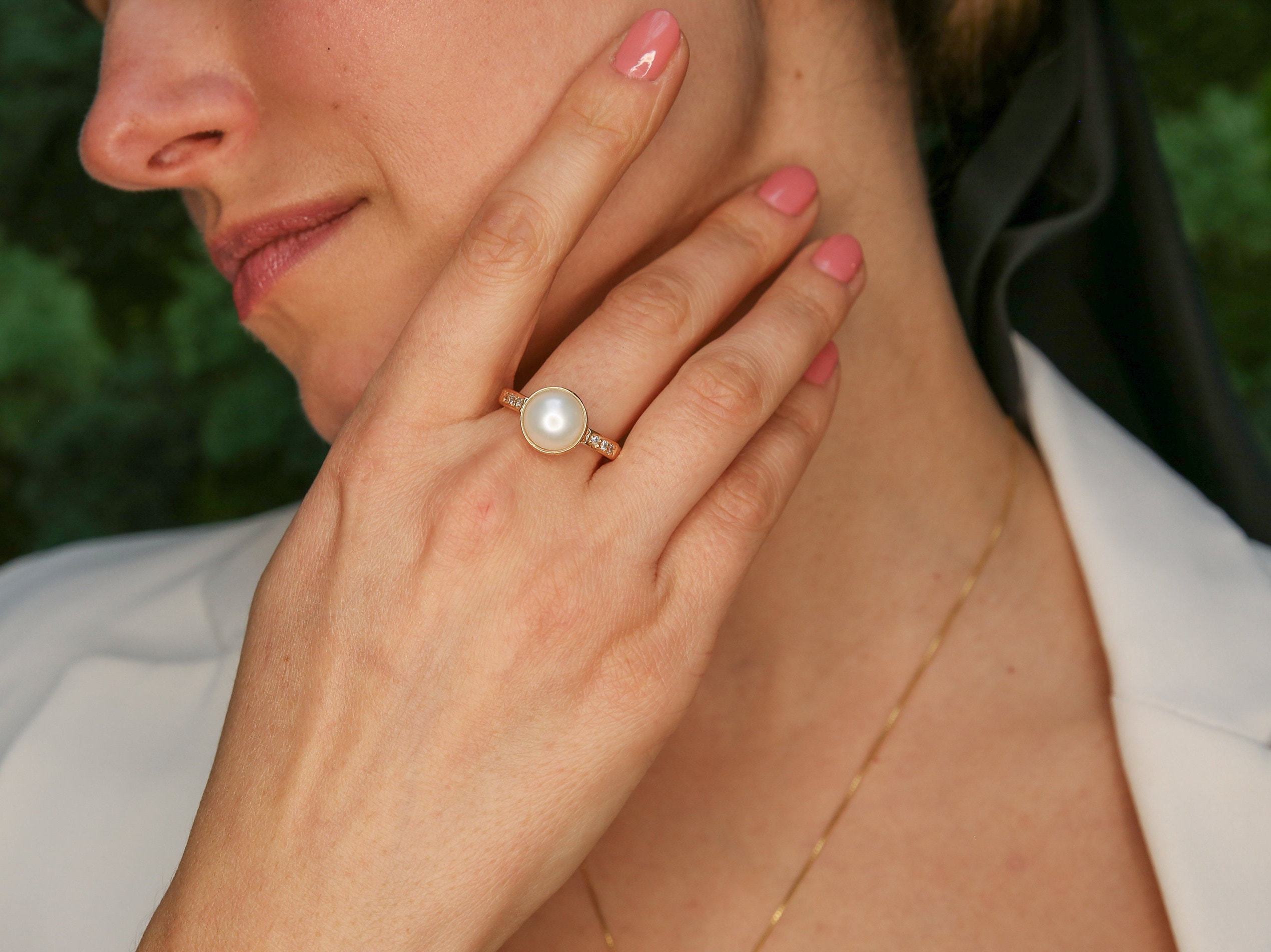 White Pearl Ring, Natural Pearl Ring, June Birthstone, Pearl and Diamond, Vintage Pearl Ring, Vintage Style, June Ring, Solid Silver Ring(1)