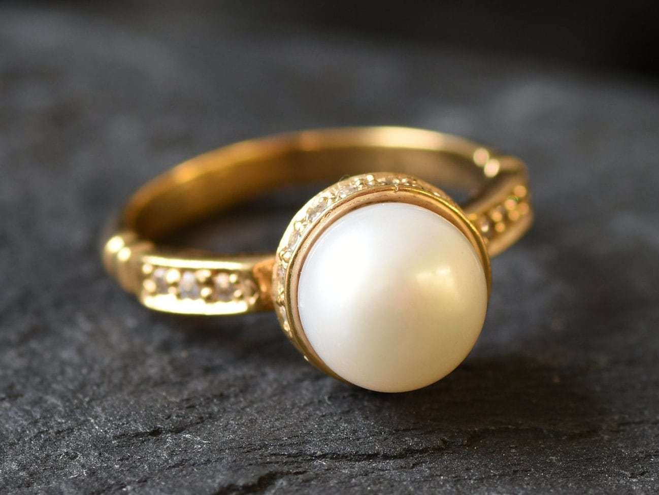 White Pearl Ring, Natural Pearl Ring, June Birthstone, Pearl and Diamond, Vintage Pearl Ring, Vintage Style, June Ring, Solid Silver Ring(1)