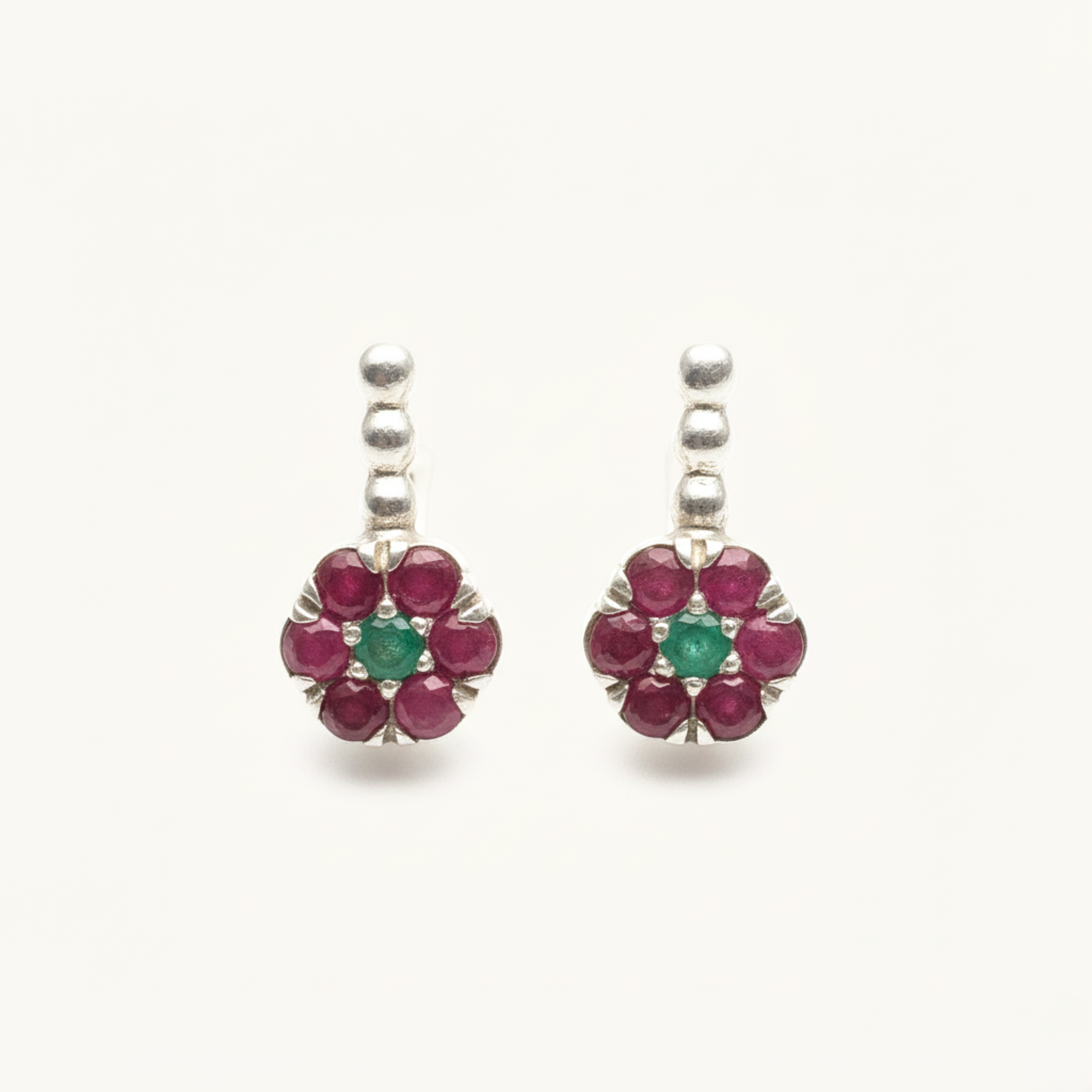Natural Ruby Earrings made in 925 Sterling Silver with Round Natural Red Ruby in Cluster setting, July Birthstone gift idea, symbolizes nobility, purity, and passion, ideal for everyday wear and perfect for birthday gifting and special occasions.