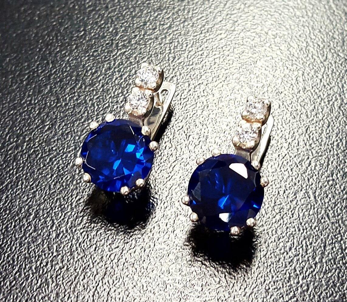Created Sapphire Earrings made in 925 Sterling Silver with Round Created Blue Sapphire in Prong setting, September Birthstone gift idea, symbolizes sincerity, truth, and faithfulness, ideal for everyday wear and perfect for birthday gifting and special occasions.