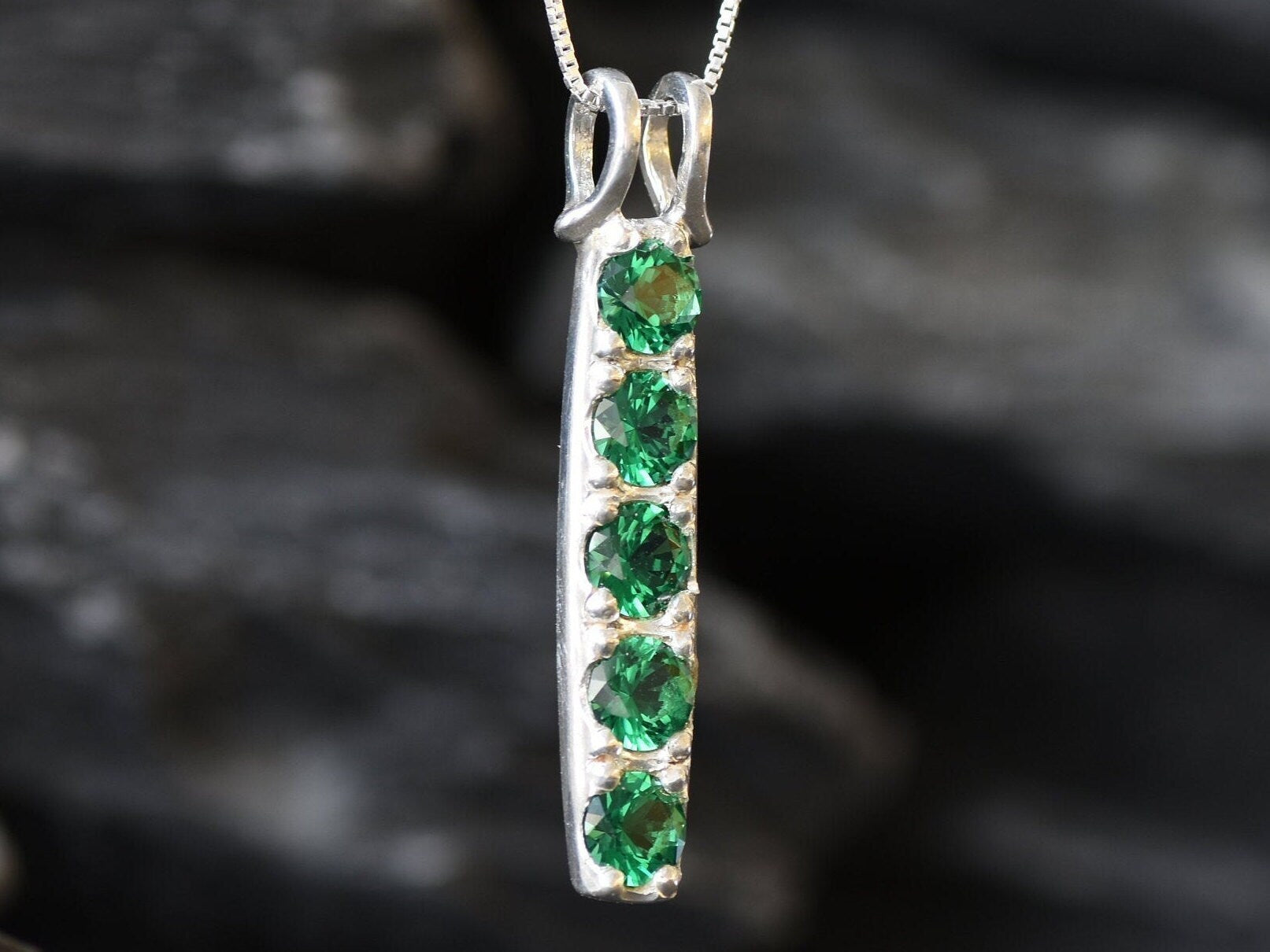 Emerald Pendant, Created Emerald, Line Pendant, Vertical Pendant, Green Diamond Pendant, Layering Necklace, Silver Pendant, 925 Silver