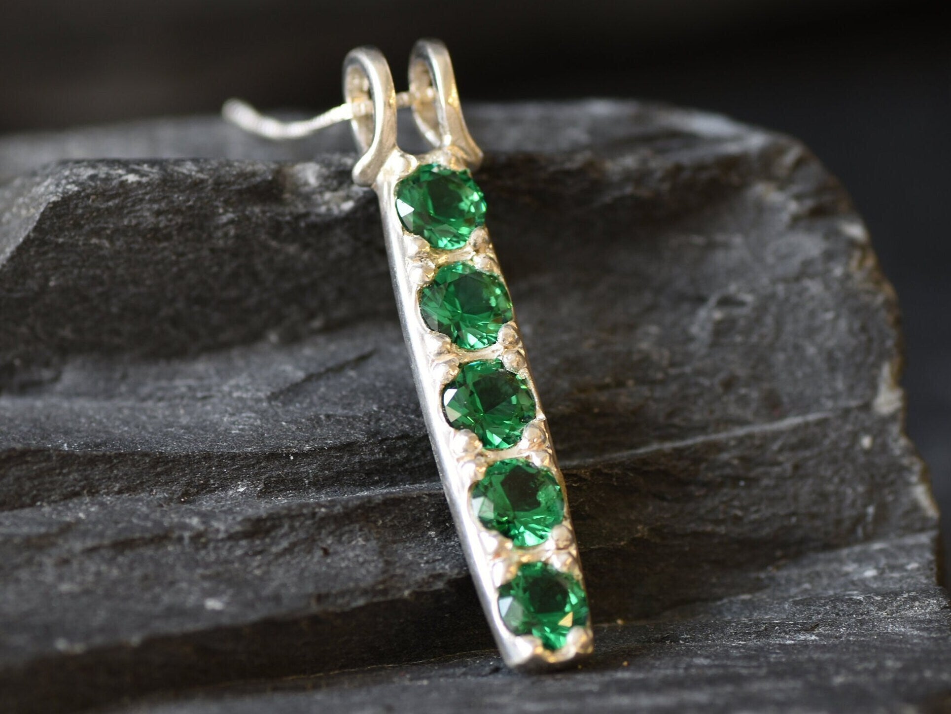 Emerald Pendant, Created Emerald, Line Pendant, Vertical Pendant, Green Diamond Pendant, Layering Necklace, Silver Pendant, 925 Silver