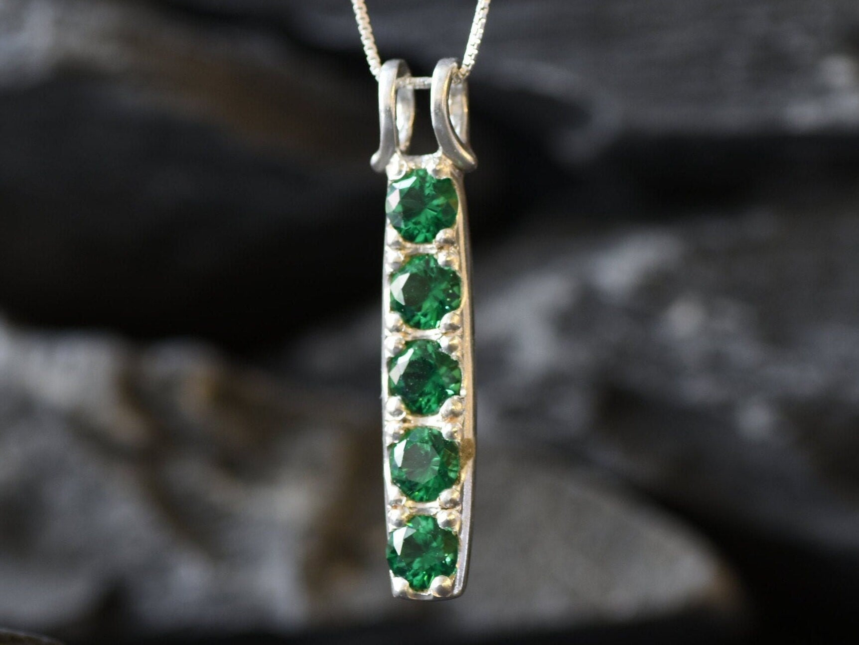 Emerald Pendant, Created Emerald, Line Pendant, Vertical Pendant, Green Diamond Pendant, Layering Necklace, Silver Pendant, 925 Silver