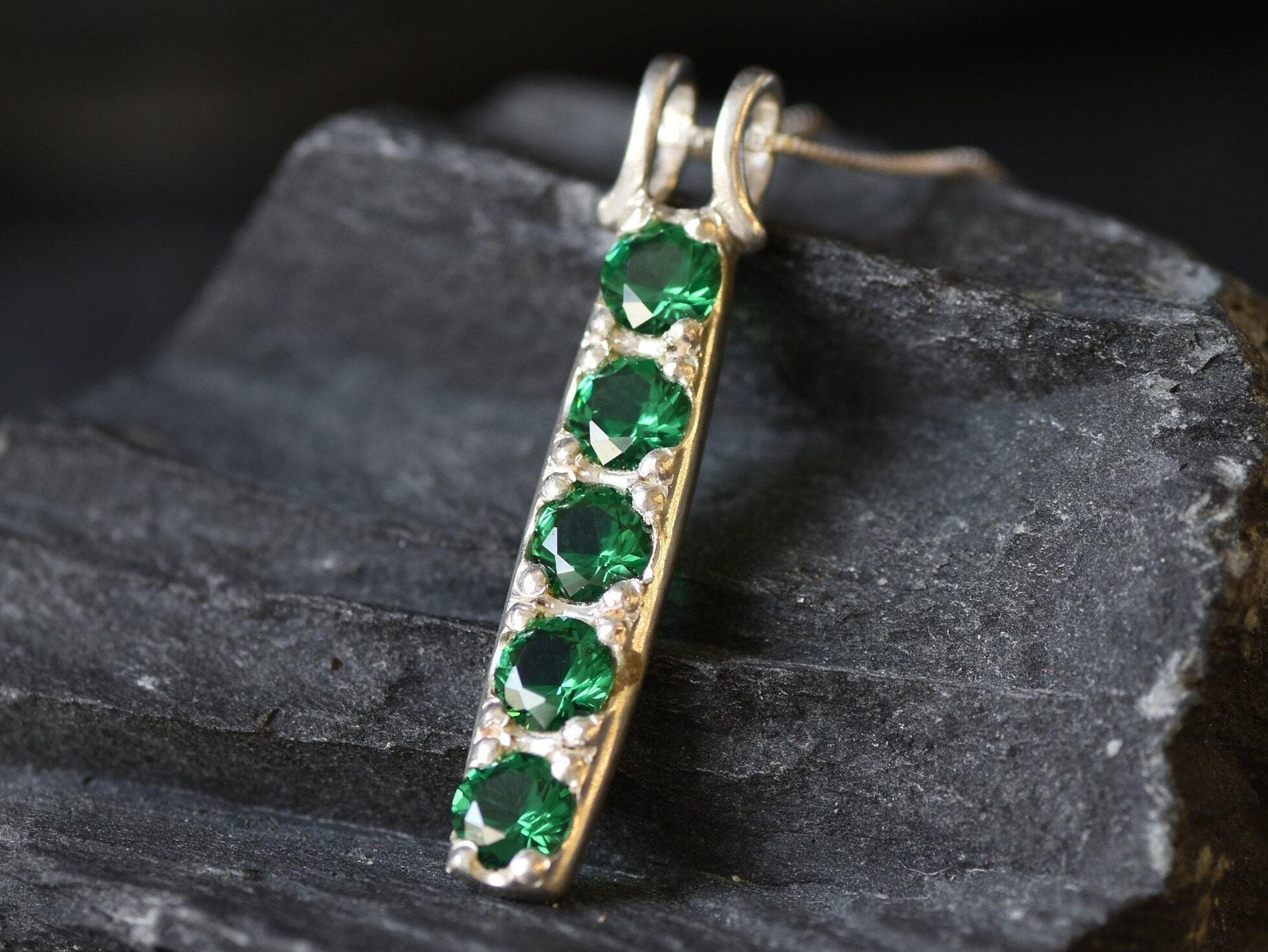 Emerald Pendant, Created Emerald, Line Pendant, Vertical Pendant, Green Diamond Pendant, Layering Necklace, Silver Pendant, 925 Silver